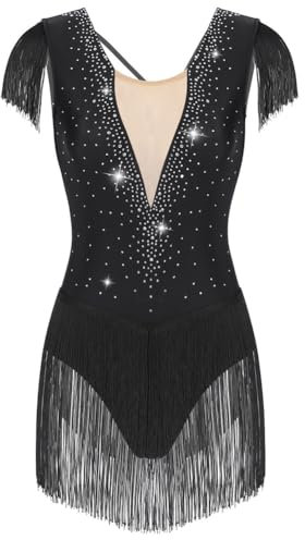 Vsadsau Damen Balletttrikot / Turnanzug / Turnanzug / Turnanzug mit Strasssteinen, Quaste, Schwarz , 38
