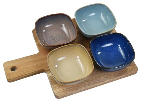 Lesser & Pavey Snack Dishes & Wood Trays for Food Serving | Wood Snacks Serving Platter with Bowls | Colourful Designers Round and Square Food Serving Tray Set of 4 - Elements