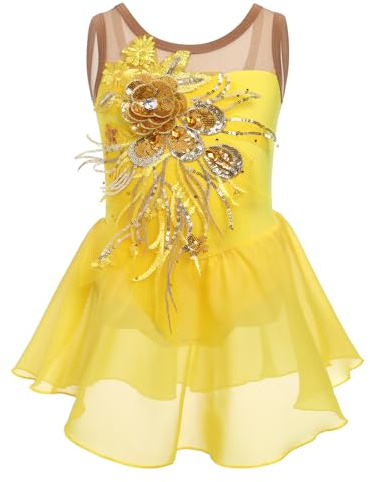 Odizli Robe de Ballet pour Enfants Filles Sans Manches avec Paillettes et Fleurs - Jupe Tutu de Ballet et de Danse, jaune, 9-10 ans