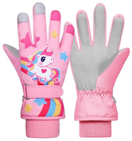 Jupsk Kids Winter Ski Gloves Pink Unicorn Waterproof Anti Slip Plush Thermal Snowboard Gloves for Children Girls and Boys Age 3-5