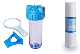 BELLEROFONTE Conteneur de tasse porte-filtre 10 transparent en laiton avec support et clé d'ouverture + filtre à sédiments ou filtre à charbon (filtre à sédiments 1 micron)