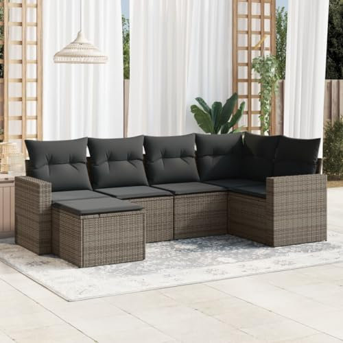 Rantry 6-teiliges Gartensofa-Set mit grauen Kissen aus Polyrattan, Möbel-Set für Wohnzimmer, Sofa, Garten, modernes Sofaset für den Außenbereich, Möbel fcm