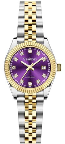Szaikyri Montre Femme Classique avec Bande De Stainless Solide Résistant À l'eau, Montre De Vêtement pour Les Femmes (Gold Purple)