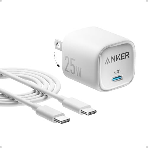 Anker Bloc de chargeur USB C 25 W, compact et pliable, prend en charge la charge rapide PPS pour Galaxy S24/Z Fold/Z Flip/Tab, iPhone (câble USB C de 1,5 m inclus)