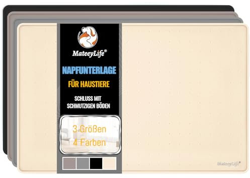 MateeyLife Tapis Gamelle Chat et Chein en Silicone, Tapis Nourriture Chat Imperméable, Absorbant avec Bords surélevés, Plateau en Silicone Mat, 46x31cm, Beige