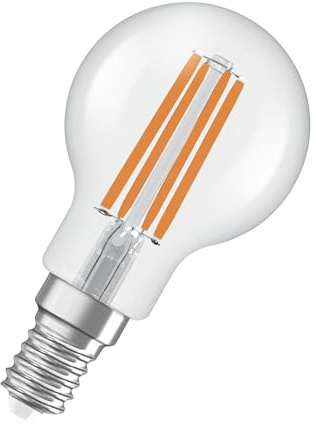 Osram Energy Class LED-Lampe in klassischer Miniballform, 3.8 W / 806 lm, EEK A, warmweißes Licht (2700 K), CRI 80, aus klarfarbenem bleifreiem Glas, E14 Sockel, IP20, 45 mm Durchmesser.