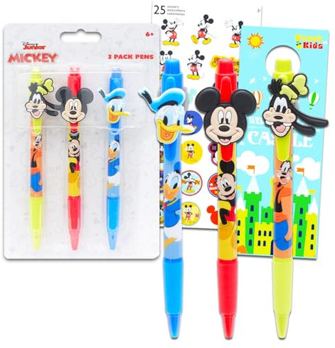 Mickey Mouse Stifte-Set, 3-teilig, Mickey, Donald, Goofy Kugelschreiber, Geschenk-Set für Kinder plus Aufkleber, mehr | Mickey und Friends Schulbedarf, Bürobedarf