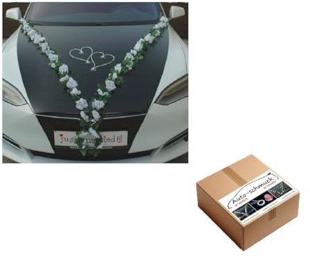 VIP Girlande 30 Azaleen 30 Rosen 18 extrastarken Saugnäpfen 2 x 180 cm Girlande 4 Türgriffdekorationen 2 Rattanherzen Braut Paar Autoschmuck Hochzeit Car Auto Wedding PKW ®Auto-schmuck (Weiß 2)