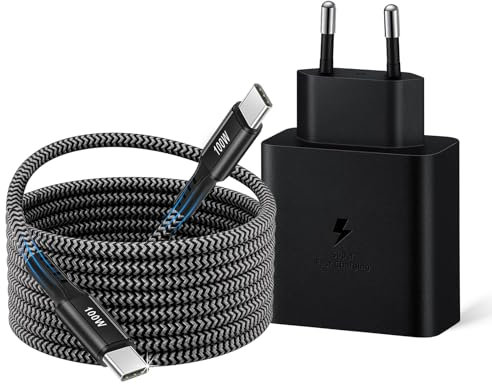 Cargador Ultra Rapido USB C de 45 W para Samsung Galaxy S25/S24/S23/S22/S21/S20 FE/Ultra/A73/A53/A52/Note20/A55/A54, Tab S10+ S9 S8 S7 Ultra Tablet, Tipo C Adaptador Cabezal con Cable de Nylon 100W