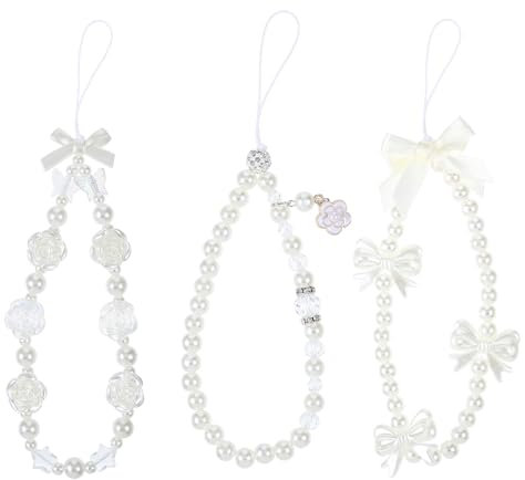 LLOUSSAK 3Pcs Cute Phone Charm Pearl, Beaded Phone Wrist Strap, Aesthetic Strap Lanyard Beads for Camera Bag Charms