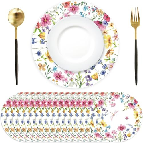 50 Stück Frühling Blumen Papier Platzsets rund Papier Tischsets Gänseblümchen Libelle Einweg Platzsets rund 34 cm, Sommer Saisonal Dekor für Tisch, Küche, Esstisch, Urlaub, Party