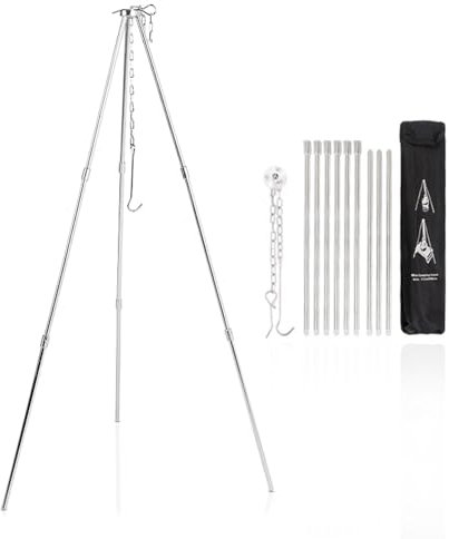 SSyang Barbecue Suspendu Trépied,Barbecue Suspendu sur trépied en Acier Inoxydable Trépied de Cuisine en Plein Air Griller Grille Stand Camping Barbecue,pour le Camping Pique-nique Fête (Argent)