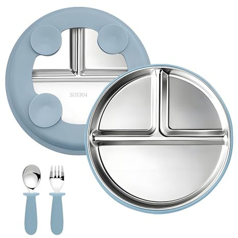 Assiettes pour tout-petits, Assiette Compartiment, Assiettes pour Enfants en Acier Inoxydable Avec Ventouse en Silicone, Assiette Ventouse pour Bébé, Cuillères et Fourchettes Enfants Vaisselles