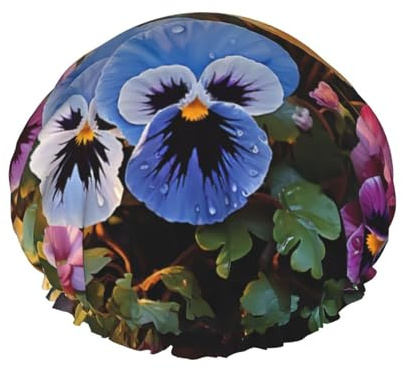 Reusable Shower Cap for Women Men Large Waterproof Shower Bonnet Washable Bath Cap Pansy Flowers Hair Hat Elastic Band Double Layered Shower Hat for Long Hair, Braids