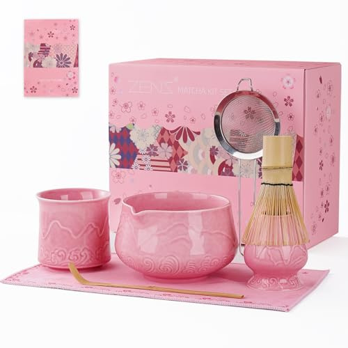 ZENS Matcha Set mit Blühende Tasse, 7 Stück Matcha-Set Rosa für Geschenk | Keramik Matcha Tea-set mit Schale, Besen & halter, Bambusschaufel und Pulversieb & Teetuch für Matcha Latte