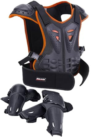 Tuta da moto per bambini, leggera, con protezioni per petto, schiena, gomiti, ginocchia, per motocross, BMX, ciclismo, fuoristrada, sport all'aria aperta, 5 pezzi (arancione, L)