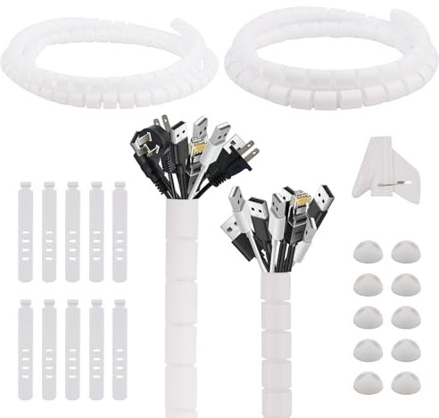 AWBEOT 2 x 1.5 M Organizador de Cables en Espiral, Diámetro 16 mm / 22 mm, Manguera Protectora para Cables, Tubo Flexible en Espiral con 10 Cintas Organizadoras, 10 Clips de Escritorio - Blanco