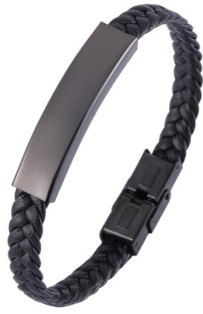 Aotiwe Armband Schwarz Männer, Armband Männer Leder Geflochtene Kordel Mit Glänzendem Anhänger aus Stahl 20.5cm