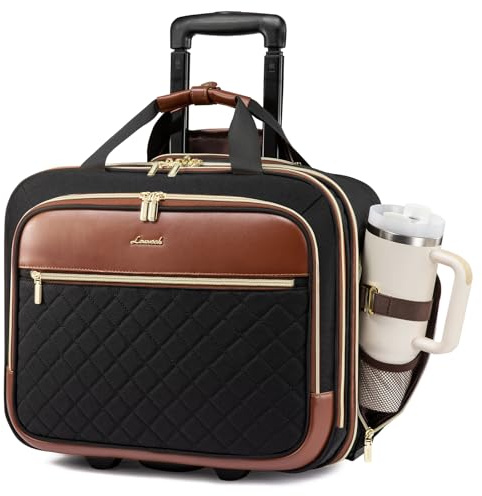 LOVEVOOK Rolling Laptop Bag Women, 17.3 Inch Laptop Briefcase with Wheels, Soft Sided Underseat Carry On Luggage Personal Item Suitcase for Work Travel Business, Black Brown