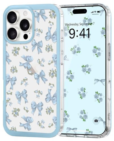 Urarssa for iPhone 16 Pro Max Clear Case, Cute Bow Pattern, Blue Rose Bow | Aesthetic Bowknot Design Phone Case for Women Girls, Slim Soft TPU Bumper Shockproof Protective Cover