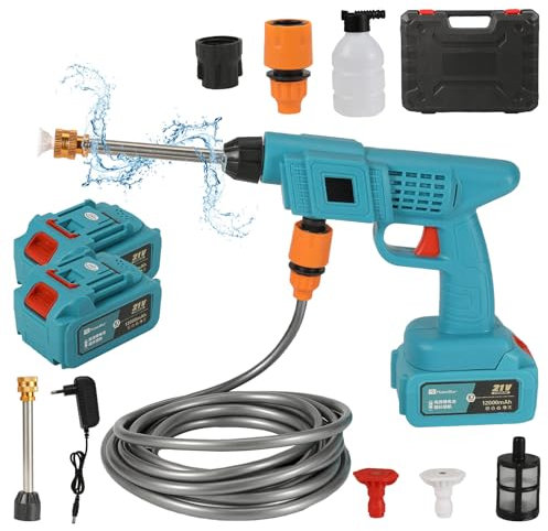Hidrolimpiadora de Alta Presion Inalámbrica, MotorHidrolimpiadora de Alta Presi de Cobre Puro 300w, Batería PortáTil 12000mah, Pistola de Agua a PresióN con Olla de Espuma (2 batería)