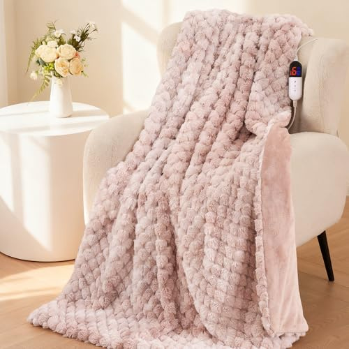 CURECURE Heated Blanket Electric 130x180cm, 3D Petal Jacquard Bunny Fleece & Flannel, 6 Heat Settings & 1-10H Auto-Off Heating Throws, Machine Washable Heated Throw for Bed Sofa Office（Rosa）