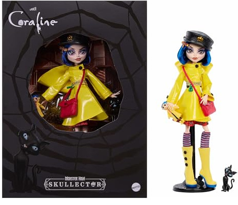 Monster High Skullector Doll, Coraline Collectible in Yellow Raincoat with Dress and Accessories Like Rag Doll, Cat Figure, and Doll Stand