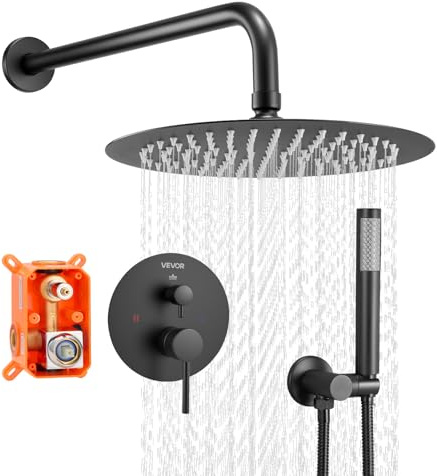 VEVOR Ensemble de Robinetterie de Douche Encastrable, Système de Douche de Pluie avec Pommeau de Tête Rond de 25,4 cm, Douchette à Main et Kit de Garniture, Fixation Murale, Salle de Bain, Noir Mat