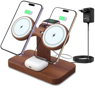Xunhomon Holz Dual induktive ladestation kompatibel mit Apple Magsafe Ladegerät Magnetisches Kabelloses Ladegerät für iPhone 17 16 15 14 13 12 Apple Watch AirPods Wireless Charger Stand