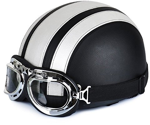 SYT 54-60cm Moto En Cuir Moitié Casque Rétro Lunettes (Argent)