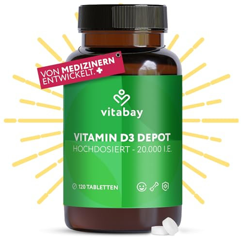 Vitabay Vitamin D3 Depot 20.000 I.E. - 120 Vegane Tabletten Hochdosiert & Vegan - ohne unerwünschte Zusätze - Trägt zur Unterstützung des Immunsystems und zur Erhaltung normaler Knochen bei