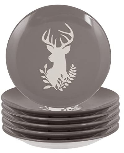 Set of Six Dark Grey Plates Reindeer Christmas Crockery Dinner Set Stoneware Side Plates (CR74)
