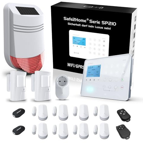 Safe2Home® Funk Alarmanlage Komplett Set SP210 mit Sabotageschutz u Lichtsteuerung - deutsch - GSM WLAN Alarmsystem SMS Alarmierung - Alarmanlagen fürs Haus Büro inkl. Zubehör und Sensoren