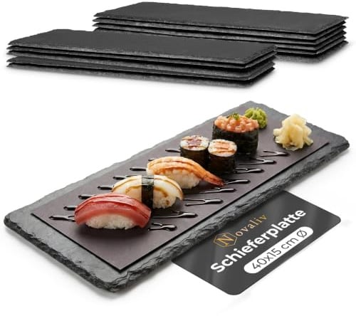Novaliv Lot de 12 plateaux en ardoise I Rectangulaires I 40 x 15 x 0,5 cm I Plateaux de service décoratifs à sushi Plateaux de service longs en ardoise Dessous de verre Place de table