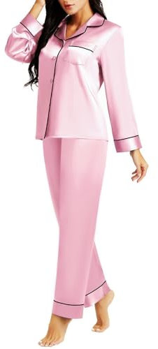 LONXU Pyjama en Satin de Soie pour Femme - Rose - X-Large