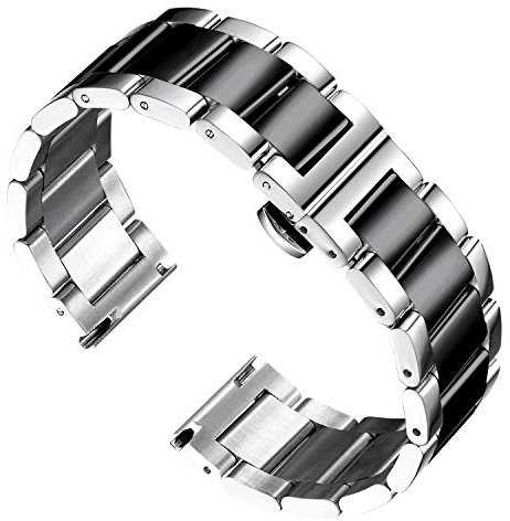 BINLUN Edelstahl Uhrenarmband Ersatzarmband Poliert Metall Uhrenarmbänder Matt Gebürstet Metallarmband für Herren Damen mit Schmetterlingsschnalle(Poliertes Silber und Schwarz 21mm)