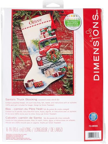 Dimensions 70-08986 Santa's Truck Counted Cross Stitch Christmas Stocking, Count Ivory, 16 Long Weihnachtsstrumpf mit Kreuzstich, Motiv: Weihnachtsmann, Stoff, Wolle, 14 elfenbeinfarbene Aida