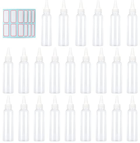Trendbox 4oz Clear Plastic Bottles Applicator with Twist Top Cap BPA-Free For Hair Oils and Liquids 24 Pack with 24pcs Labels