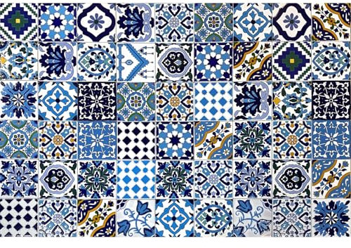 54 Mattonelle MISTE in ceramica smaltata. Pacco da 54 mattonelle decorate 10 X 10 cm spessore 0,6 cm - Mattonelle Tunisine. Serigrafia Artigianale. Adatte a rivestimento (Blue Marine)