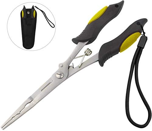Caija-H Long Nose Fishing Pliers with Scissors, Hook Remover, Line Cutter, Disgorgers - Fishing Tool with Sheath