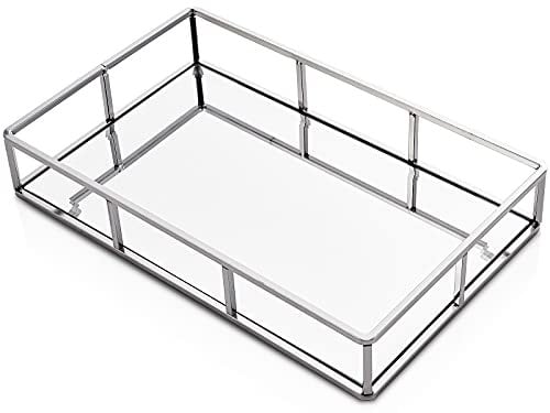 PuTwo Mirror Tray Perfume Organizer for Bathroom, Counter Decor, Glass, Silver Makeup Storage, Jewelry Holder