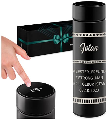 Maverton Thermobecher Kaffeebecher 450 ml - Isolierbecher personalisiert - 100% dicht - Led Temperatur Anzeige - aus Edelstahl - Weihnachtsgeschenke - Geschenk für Männer - schwarz - Hashtag