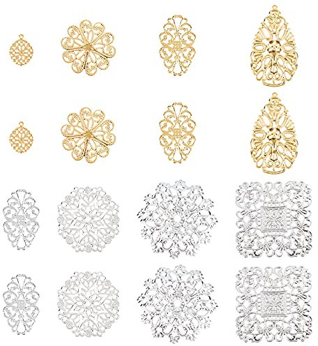 PandaHall 160pcs Filigrane Joiners Links Eisen Filigrane Charms Anhänger, 8 Stil 4 Farbe Filigrane Metallverzierungen Für DIY Kopfbedeckungen Ohrring Brosche Halskette Schmuckherstellung