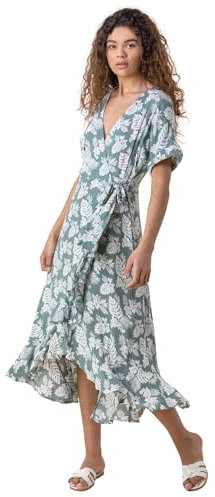 Roman Frill Dress for Women UK Ladies Summer Wrap Chiffon Frill Hem Layered Belted Midi Maxi Tiered Cape Special Occasion Fit & Flare Wedding Guest Swing Skater - Sage - Size 20