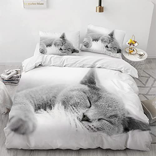 AOXHFNV Süßer Katze Bettbezug 3D Katzenmotiv 3 teilig Weiß Bettwäsche Set Passend für Kinder Bettwäsche Set 135×200cm mit 2 Kissenbezügen (200×200cm, grau)