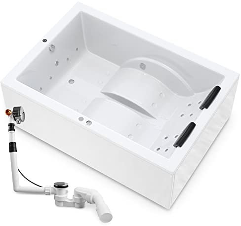AQUADE Jacuzzi 2 Person Whirlpool Badewanne Marburg Basic XL 180x130 mit LED Whirlpool Beleuchtung & Badekissen für Badewanne, Badewannen Ablaufgarnitur und Überlaufgarnitur mit Zulauf