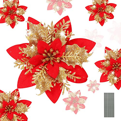 HCSSZ 12pcs Christmas Glitter Artificial Poinsettia Flowers with 12pcs Stems for Wedding Christmas Tree Faux Flowers New Year Ornaments Xmas Garland Wreath Decorations(Red, Gold)