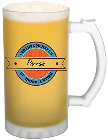 Planetee Chope de bière Certifié Meilleur Parrain du Monde Entier | Idée Tasse Cadeau Famille Anniversaire Noël Pinte cervoise