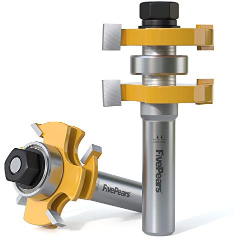 FivePears Adjustable Tongue and Groove Router Bit Set with 1/2 Inch Shank, Shaker Style 3 Teeth T Shape Wood Milling Router Bit for Match Oak Hardwood Floor Wainscoting Boards Joinery