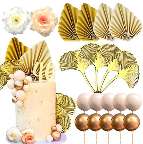 JeVenis 20 PCS Champagne Rose & Gold Cake Decoration Set - Boho, Boho Party Supplies - Gold Palm Leaves, Acrylic Gold Leaves - Baby Shower, Celebratory Occasions
